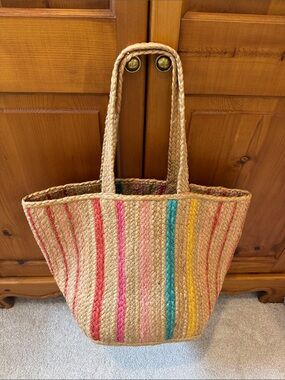 Shiraleah Multicolor Striped Woven Tote - Pink, Coral, Teal, Yellow, Natural